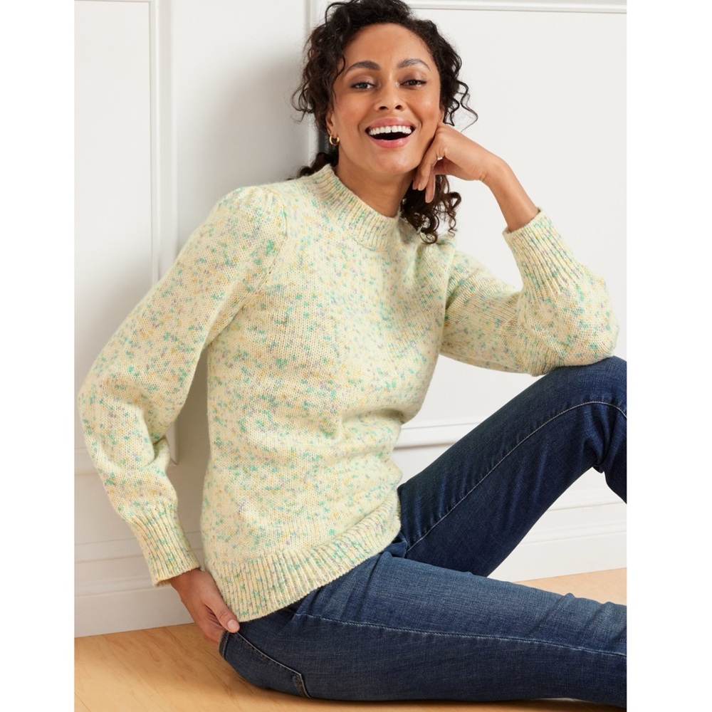 Talbots Wool Blend Puff Sleeve Speckled Mock Neck Pullover Sweater Yellow Green